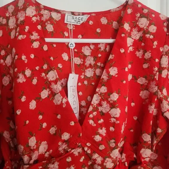 NWT Sage the Label Lulus Red Floral Wrap Top - Puff Sleeve Peplum Blouse-Mediu - Picture 7 of 8